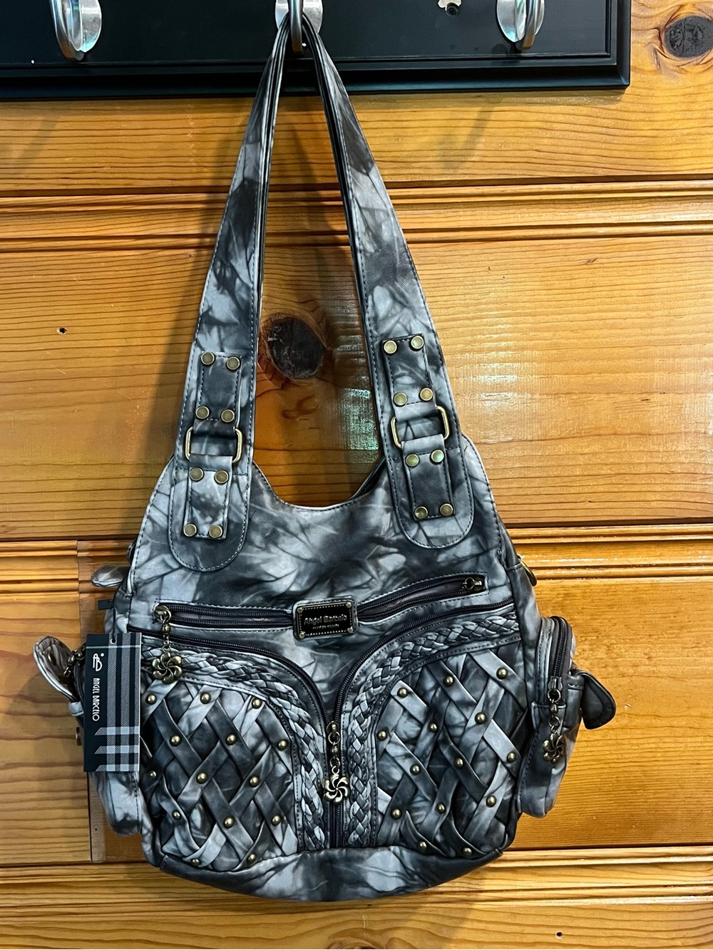 NWT Angel Barcelo Tie-Dye Hobo Shoulder Bag Gray Black Multi Pocket Woven Boho